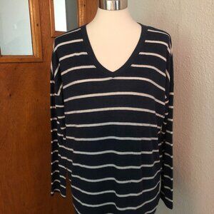 'Wantable' V-Neck Blue Sweater with White Stripes - Size Medium